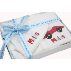 Personalised Baby Car Sleepsuit Hat Boxed Gift Set